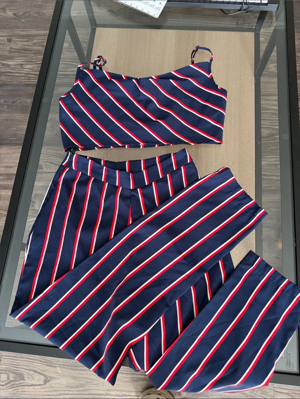 Navy Striped Two-Piece Set with Red and White Stripes